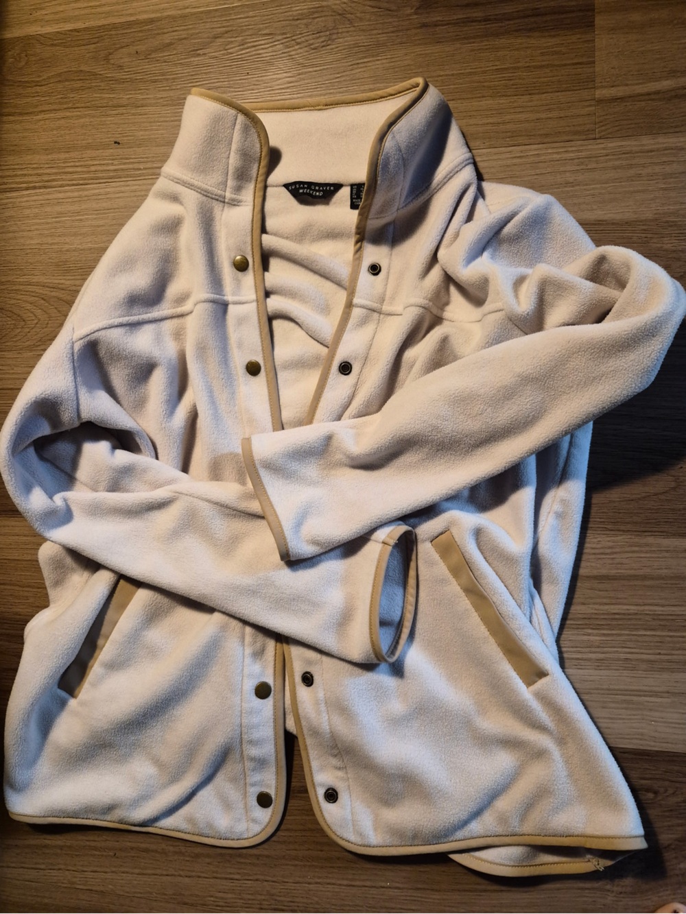 Susan Graver Cream Teddy Fleece Jacket with Tan Trim